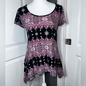 Wilde Purple Black Boho Handkerchief Hem Tunic Top Size S